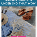 Tan sandals with knotted straps, a sunhat, a blue shirt, and a net bag lie on a striped beach towel on sand. Text reads: "Summer sandals under $40 that wow." Website: thebargainsisters.com.