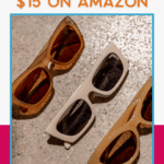 Three pairs of stylish sunglasses in brown and beige frames are displayed on a textured surface. Text above reads "Trendy Sunglasses Under $15 on Amazon." Website "thebargainsisters.com" is shown at the bottom.