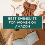 Flat lay of swimsuits, a sunhat, sandals, sunglasses, and accessories, with text overlay: “Best Swimsuits for Women on Amazon.” TheBargainSisters.com appears at the bottom.