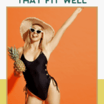 Woman in a black one-piece swimsuit, sunhat, and white sunglasses poses smiling with one arm raised, holding a pineapple, in front of an orange background. Text above reads "Amazon Swimsuits for Women That Fit Well.