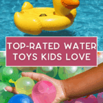 A yellow inflatable duck floats in a pool above a caption reading "Top-Rated Water Toys Kids Love." Below, a hand holds colorful water balloons, with more clustered in the background.