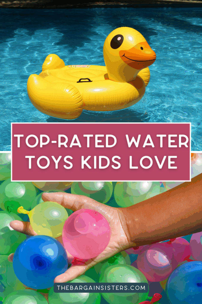 A yellow inflatable duck floats in a pool above a caption reading "Top-Rated Water Toys Kids Love." Below, a hand holds colorful water balloons, with more clustered in the background.