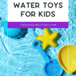 A pool with floating colorful water toys, including a blue net, yellow starfish, and purple octopus, under the text "Summer’s Best Water Toys for Kids" and "thebargainsisters.com.