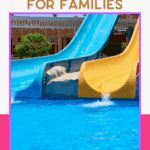 Two colorful water slides, one blue and one yellow, empty into a bright blue pool at a water park. Text above reads, "Water park must-haves for families." Website "thebargainsisters.com" is shown at the bottom.
