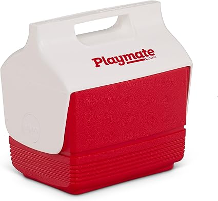 A red and white Igloo Playmate cooler with a top handle and a slide-open lid, perfect for carrying food and drinks—don’t miss out on Tuesday Deals for this must-have!.
