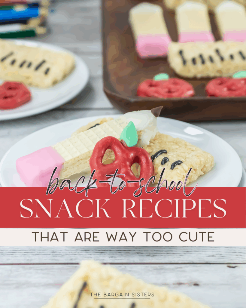 A plate of back-to-school themed Cute Snacks shaped like pencils and red apples with green leaves, with text overlay: “back-to-school SNACK RECIPES THAT ARE WAY TOO CUTE.”.