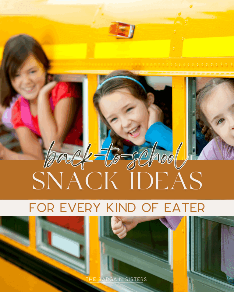 Three smiling children look out the windows of a yellow school bus. Text over the image reads: "Back-to-school snack ideas for every kind of eater. Find the best Back to School Snacks with The Bargain Sisters.