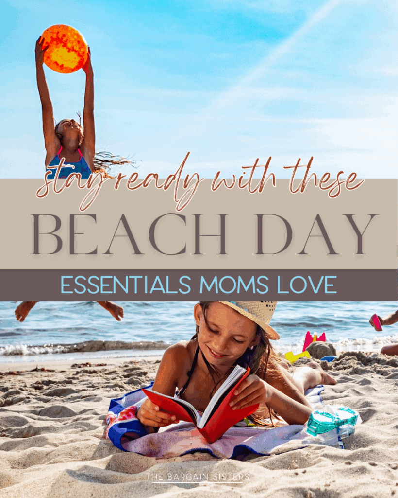 Two children enjoy a sunny beach day; one girl relaxes on a towel reading a book, while another jumps in the sand with an orange beach ball. The ocean and blue sky are in the background. Text shares mom tips for convenient beach day essentials.