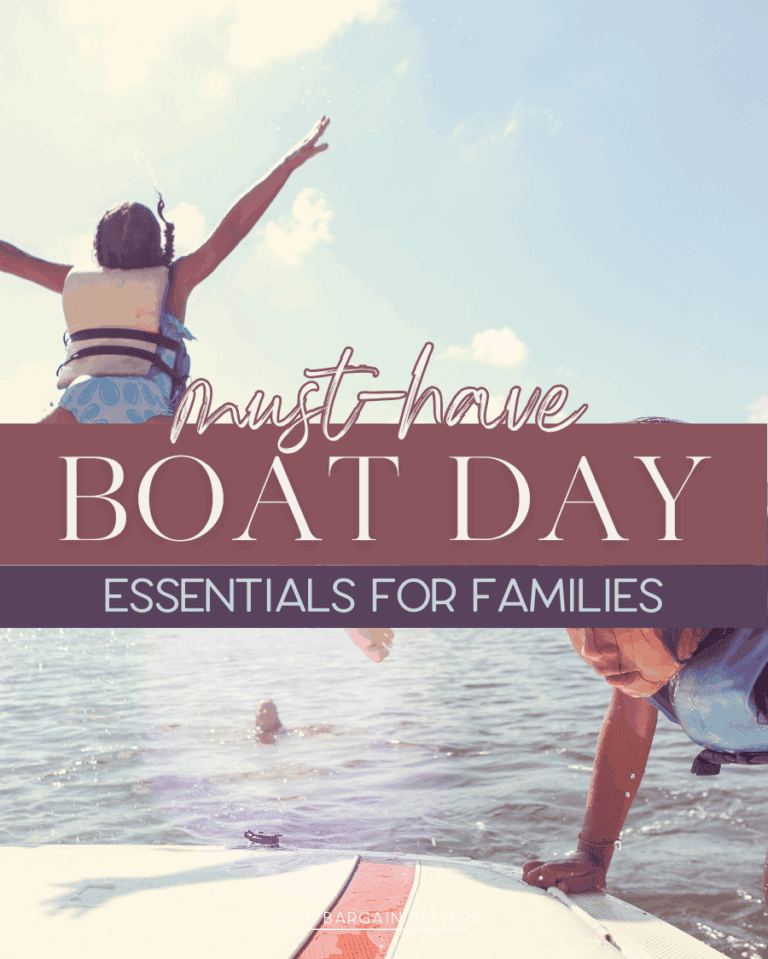 A child wearing a life jacket joyfully jumps off a boat into the water while another child smiles nearby. Text overlay reads "Must-have boat day and smart camping essentials for families." The scene is sunny and playful.
