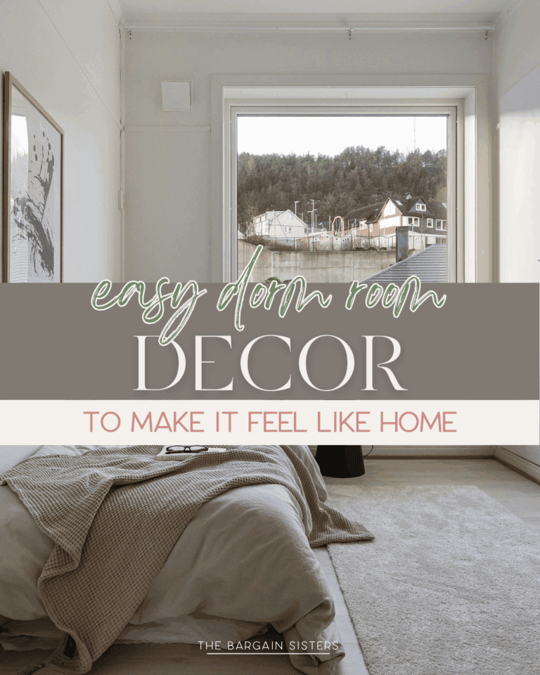Minimalist dorm room with cozy beige bedding, large window, and rug, overlaid with text reading "Easy Dorm Room Decor to Make It Feel Like Home" from The Bargain Sisters.