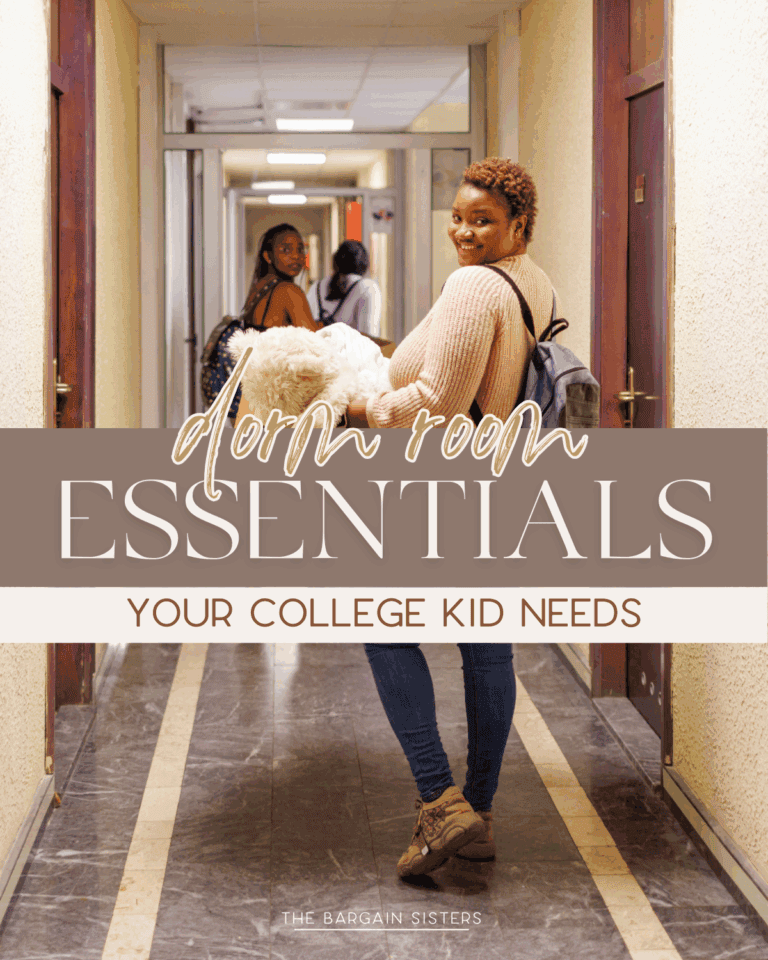 College student walking down a dorm hallway carrying a fluffy pillow, with text overlay reading "Dorm Room Essentials Your College Kid Needs" from The Bargain Sisters.