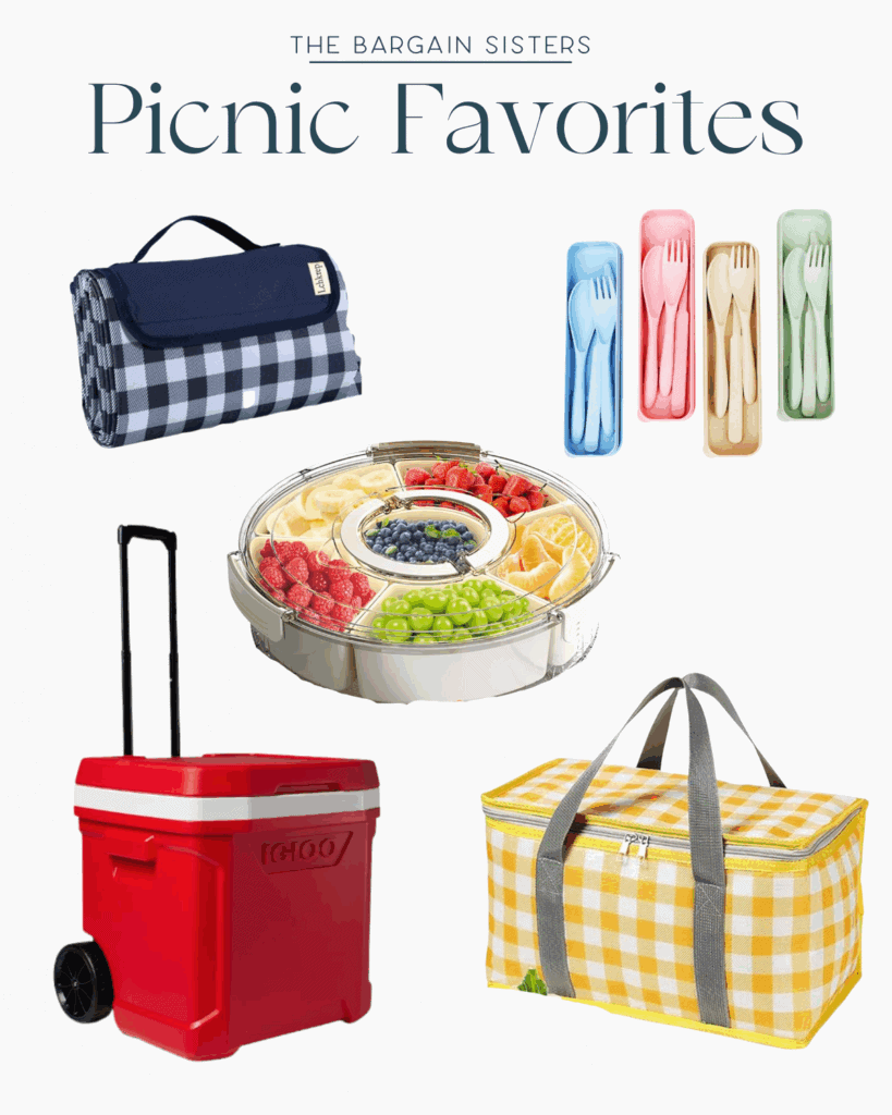 Flat lay of picnic must-haves including blue checkered blanket, divided fruit tray, Igloo rolling cooler, yellow gingham cooler bag, and pastel cutlery sets.