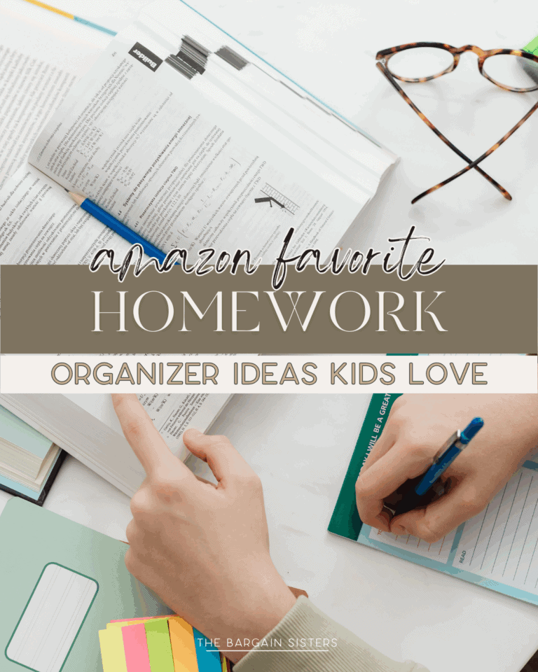 A person writes in a notebook surrounded by open books, a pen, glasses, and school supplies. Text on the image reads, "Kids love these Amazon homework organizer ideas for effortless studying.