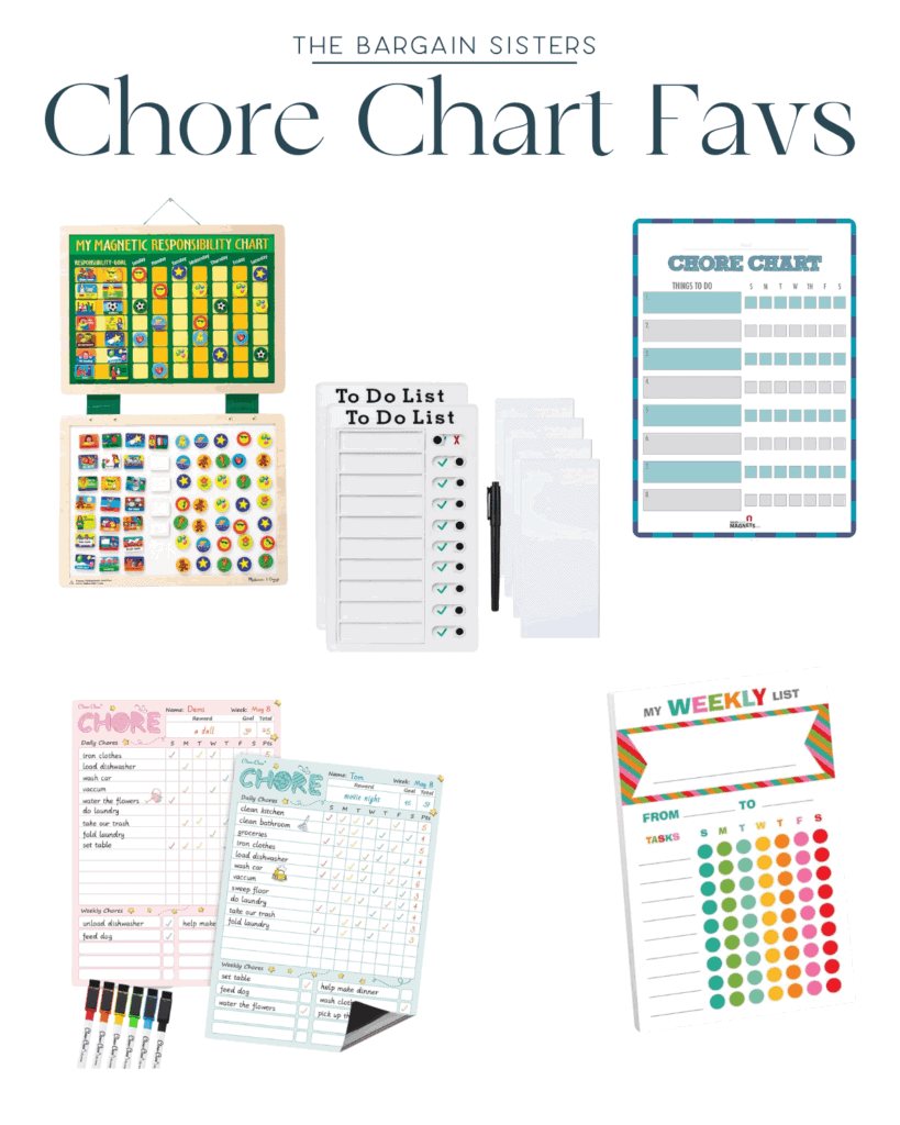 Flat lay of colorful and engaging chore charts for kids including magnetic responsibility boards, dry-erase lists, and weekly reward trackers.
