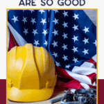 A yellow hard hat and tools are placed in front of a folded American flag. Text above reads, "These Labor Day sales are so good." Website "thebargainsisters.com" appears at the bottom.