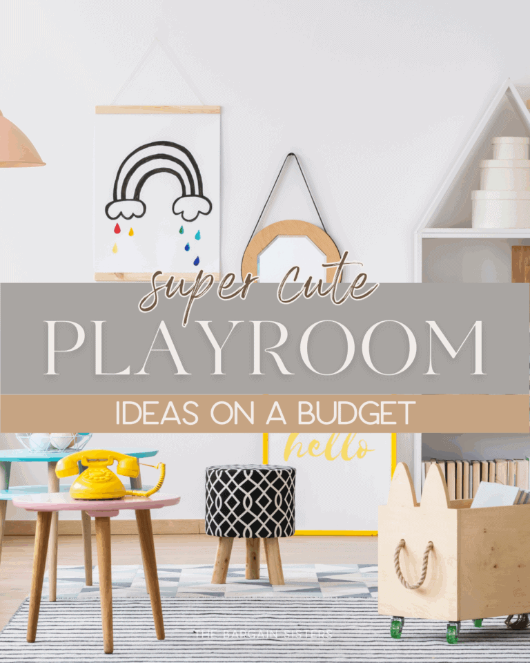 Cozy, colorful playroom featuring rainbow wall art, geometric storage shelves, toy bins, and a yellow toy phone on a pastel kids table, overlaid with the text "Super Cute Playroom Ideas on a Budget" from The Bargain Sisters.