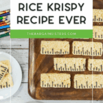 A tray and plates of rectangular Rice Krispy treats decorated with black icing to look like rulers, surrounded by colored markers, with text reading “Cutest Ruler Rice Krispy Recipe Ever.”.