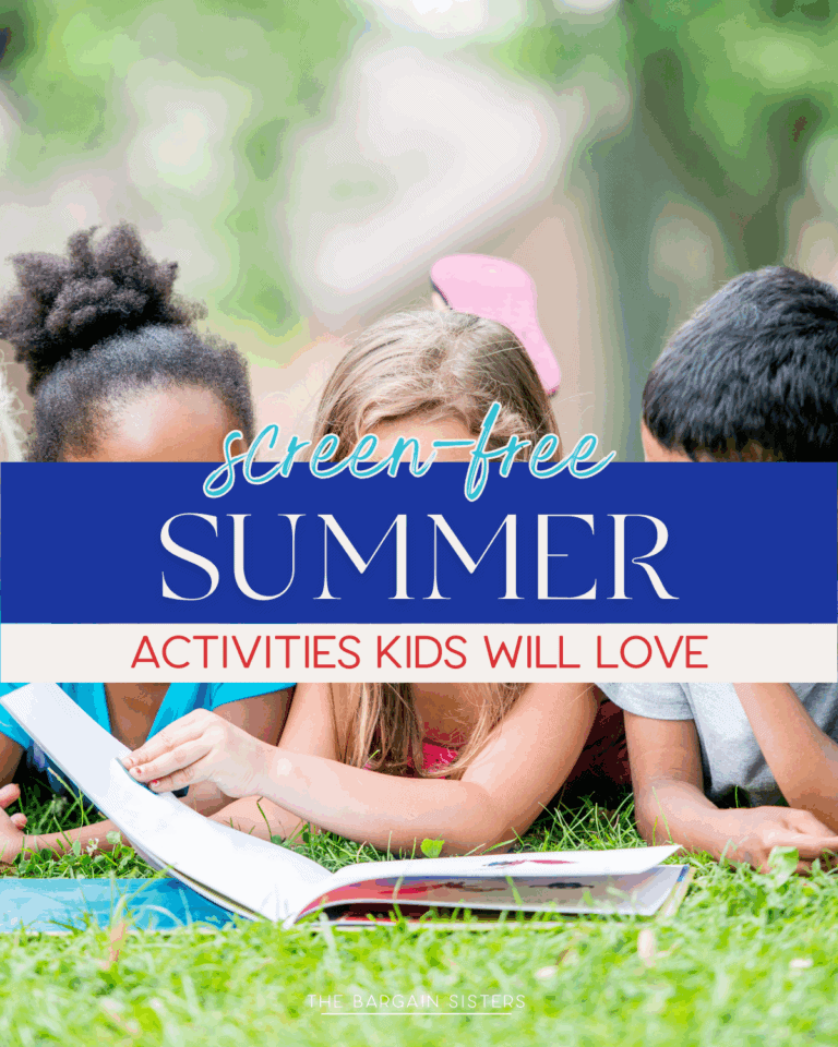 Three young kids lying on grass and reading a book together outdoors, overlaid with text that reads "Screen-Free Summer Activities Kids Will Love" from The Bargain Sisters.