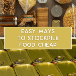 Various non-perishable foods like canned goods, pasta, crackers, and granola are arranged neatly above a label that reads, “Easy Ways to Stockpile Food Cheap.” Thebargainsisters.com is noted at the bottom.