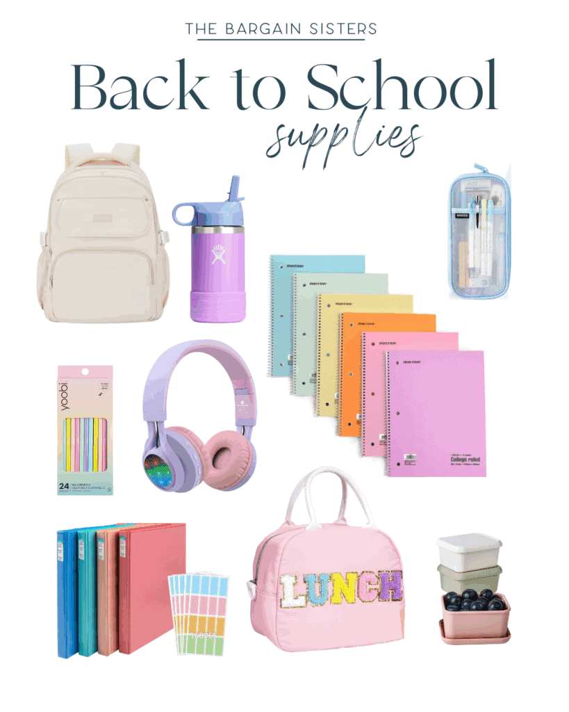 Collage of back to school supplies, featuring a cream backpack, purple water bottle, clear pencil case, colorful notebooks, sticky notes, pastel folders, rainbow headphones and markers, plus a lunch bag and snack containers.