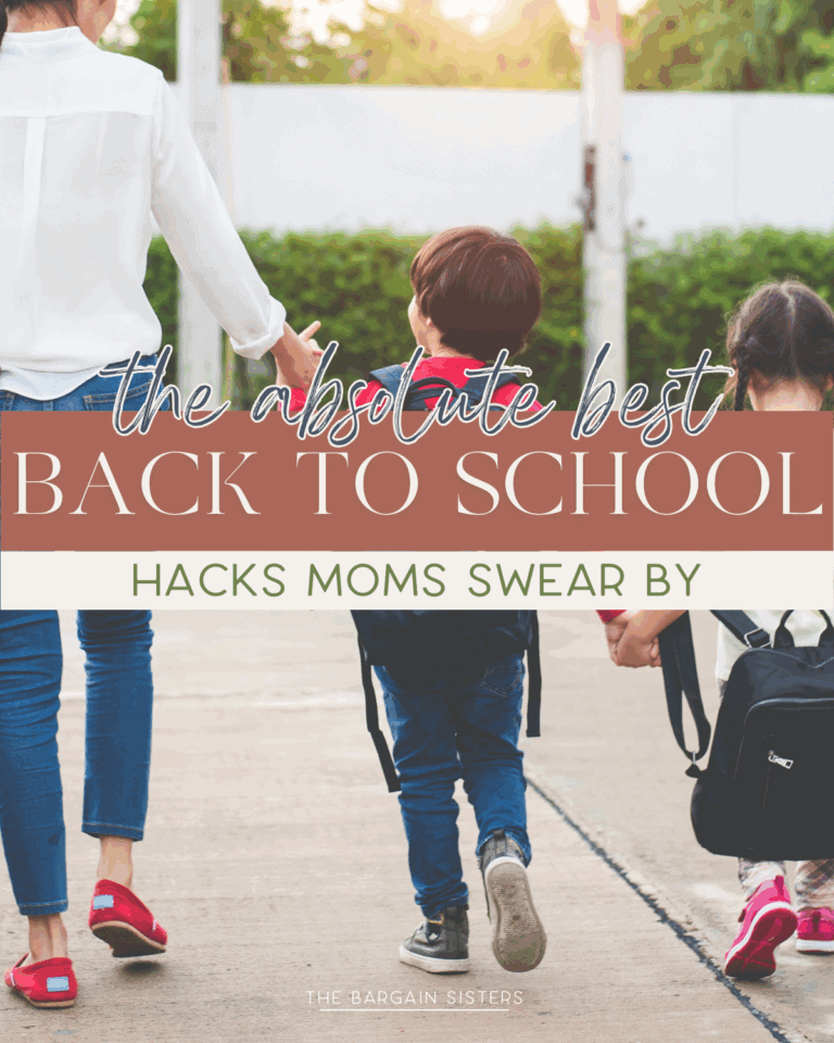 An adult holds hands with two children wearing backpacks, walking on a sidewalk. Overlaid text reads: "The absolute best back to school hacks moms swear by. The Bargain Sisters.