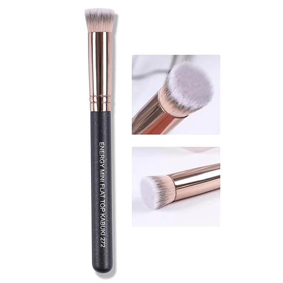 A makeup brush with a black handle labeled "Energy Mini Flat Top Kabuki 722," featuring a flat, densely packed bristle head with white tips and rose gold ferrule; two close-ups highlight the brush, perfect for snagging during Monday Deals.