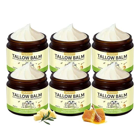 Six jars of Tacrite Tallow Balm are arranged in two rows. Each dark brown jar features a green and white label, topped with a swirl of creamy balm. Small images of rosemary and honeycomb hint at the natural ingredients—perfect for Friday Deals!.