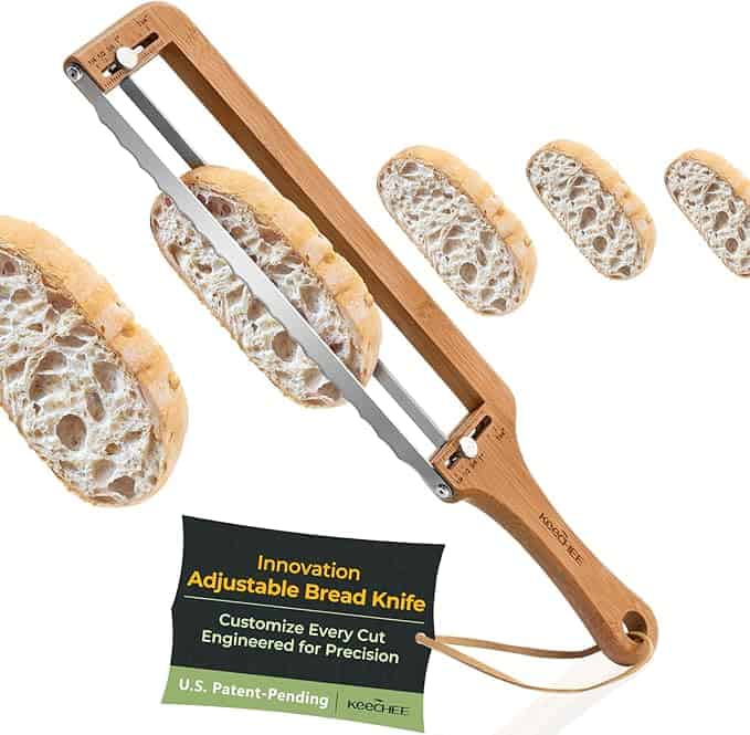 A wooden-handled adjustable bread knife slices through a loaf, with several evenly cut pieces in a row. A label highlights the knife’s innovative, customizable design, U.S. patent-pending status, and exclusive Friday Deals offer.