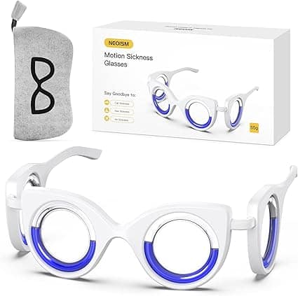 A pair of white motion sickness glasses with blue liquid inside the rims, shown alongside a gray carrying pouch and the product packaging box labeled "Motion Sickness Glasses"—perfect to grab during Monday Deals!.