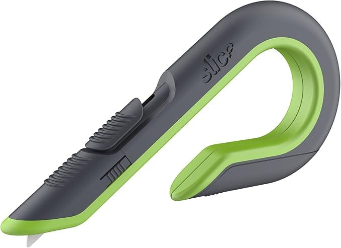 A black and green utility cutter with a safety blade and ergonomic handle, featuring a hook-shaped design and a sliding button for blade extension—perfect for grabbing in this week's Wednesday Deals.