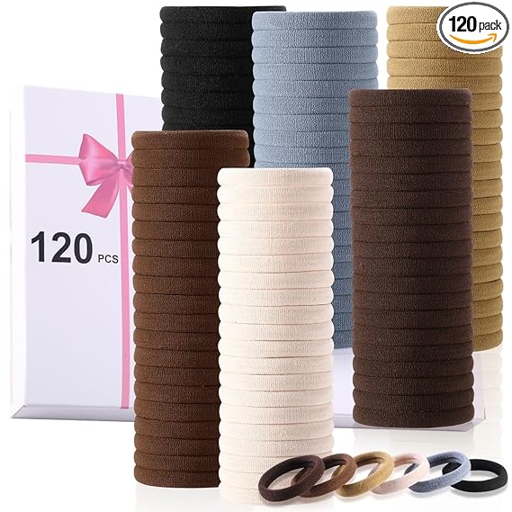 Pack of 120 assorted hair ties in black, brown, beige, blue, and khaki, stacked in columns, with a white box labeled “120 PCS” featuring a pink ribbon design in the background—perfect for stocking up during Wednesday Deals.