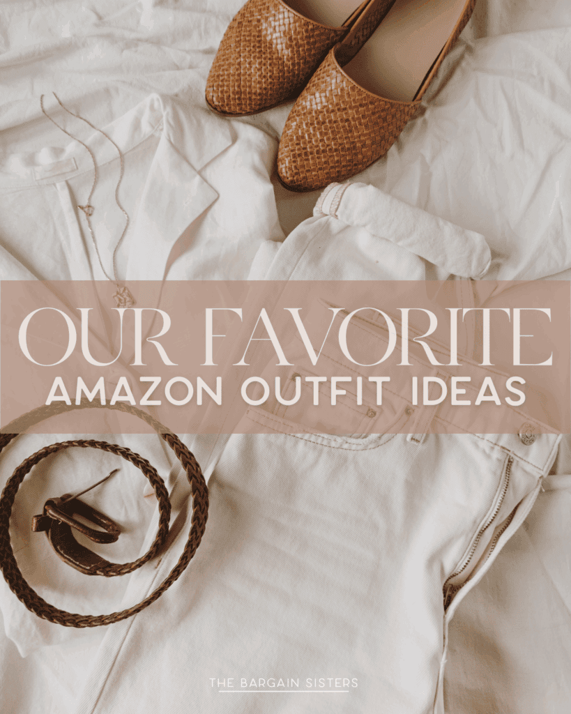 Flat lay of neutral-toned outfit items, including a white shirt, white jeans, a brown woven belt, a gold necklace, and brown woven flats. Text overlay reads: "Our Favorite Amazon Outfit Ideas for effortless style.