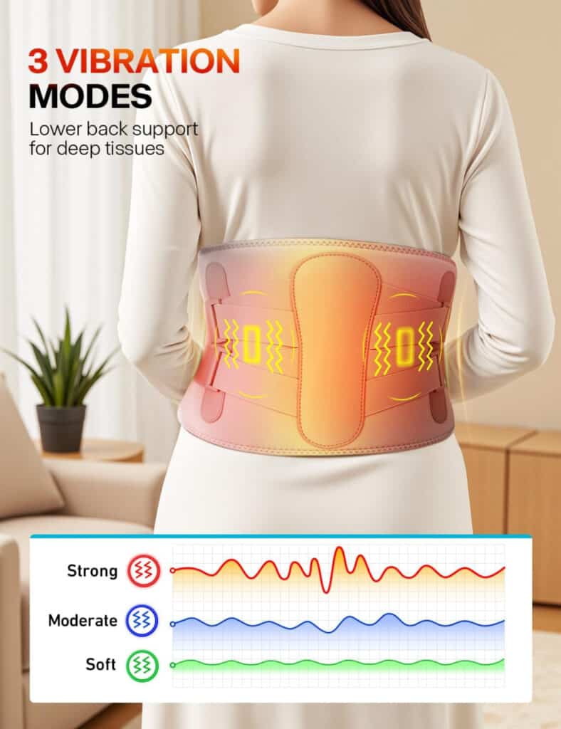 A woman wearing a vibration belt on her lower back stands in a bright room. Text highlights "3 vibration modes" for deep tissue support, with a chart showing strong, moderate, and soft vibration patterns.