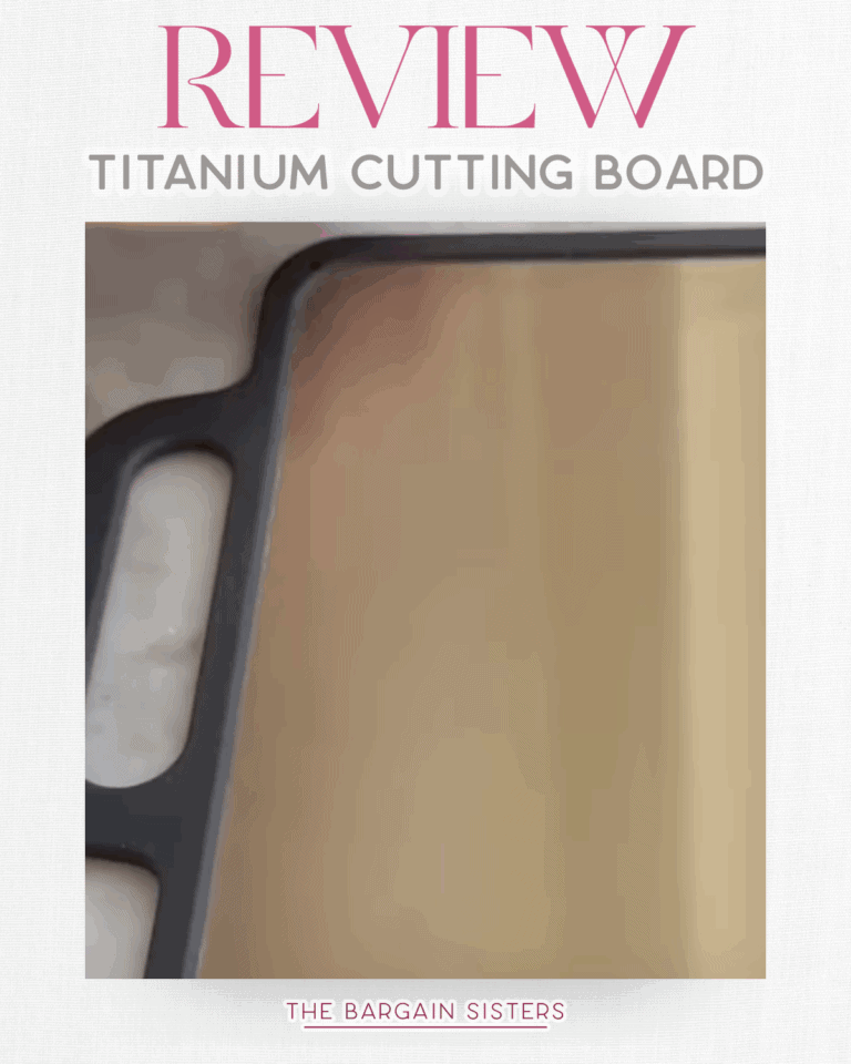 A Titanium Cutting Board with a black handle is pictured next to text that reads "Cutting Board Review" and "The Bargain Sisters.
