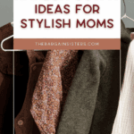 A clothes rack with neutral and floral tops and jackets. Overlay text reads: “Amazon outfit ideas for stylish moms. thebargainsisters.com.”.