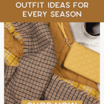 Flat lay of a fall outfit with a plaid scarf, quilted yellow jacket, yellow wallet, and a cup of coffee. Text reads: "Best Amazon Outfit Ideas for Every Season. Shop Now. thebargainsisters.com.