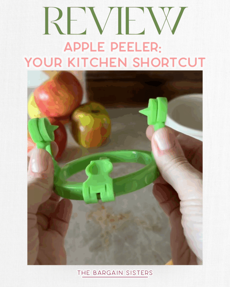 Two hands hold a green apple peeler in front of three apples on a kitchen counter, with a wall cleaning solution nearby. Text above reads: "REVIEW APPLE PEELER: YOUR KITCHEN SHORTCUT." Text below reads: "THE BARGAIN SISTERS.