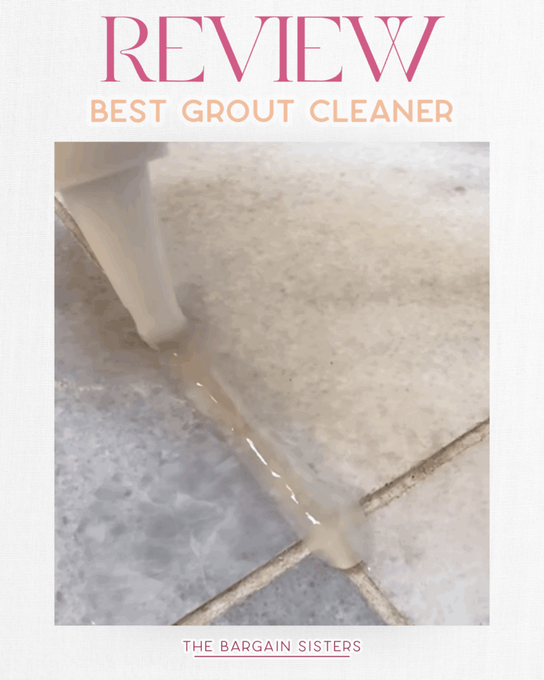 A cleaning tool applies gel along tile grout lines on a floor, demonstrating grout cleaning with a powerful wall cleaning solution. Text above reads "Review Best Grout Cleaner" and below says "The Bargain Sisters.