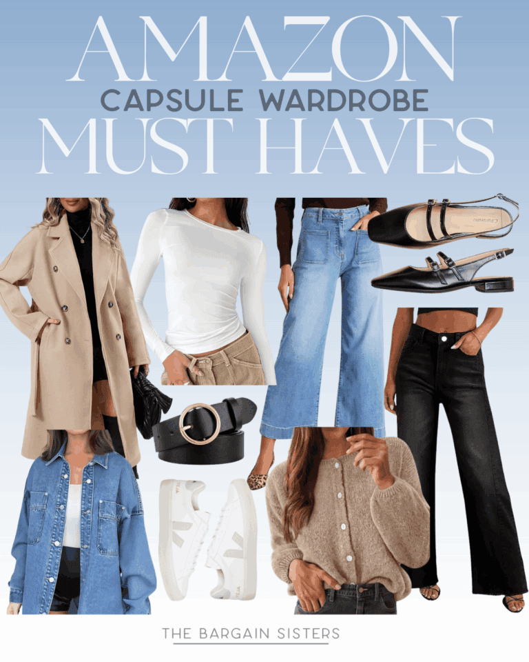 A collage of Amazon closet staples: beige trench coat, white long-sleeve top, blue wide-leg jeans, black flats, black wide-leg jeans, denim shirt, black belt, white sneakers, and a beige knit sweater.