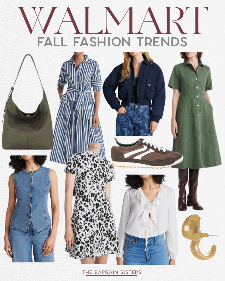 Collage of women’s fall fashion items from Walmart, including dresses, tops, a jacket, jeans, sneakers, boots, a handbag, and gold earrings—showcasing the latest fall clothes at Walmart—with “Walmart Fall Fashion Trends” text at the top.