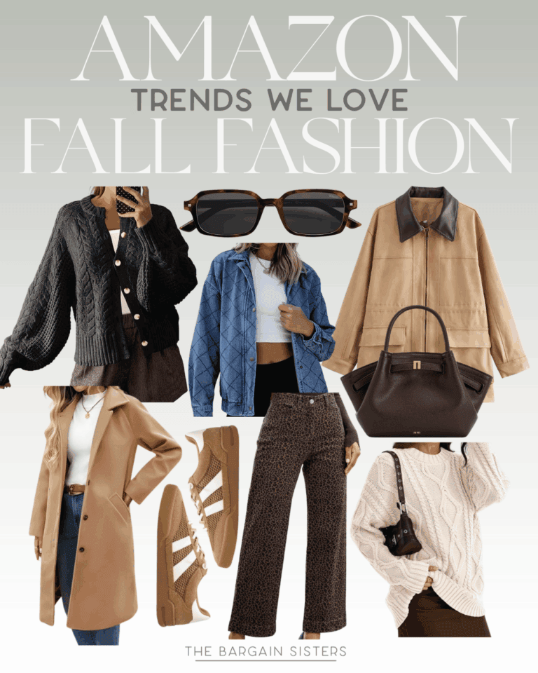 A collage of women’s fall fashion items, including sweaters, a blue quilted jacket, a tan coat, brown purse, sneakers, animal print pants, sunglasses, and bold text reading “Amazon Trends We Love Fall Fashion for Women.”.