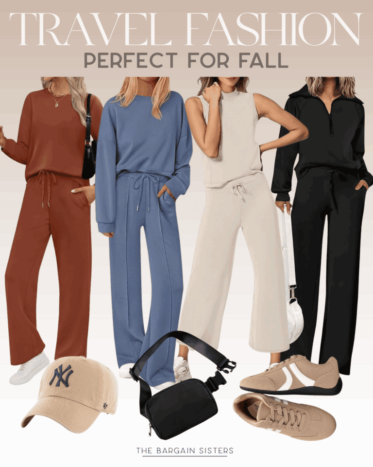 Four women wear matching sets in rust, blue, beige, and black tones. Below, beige sneakers, a tan NY baseball cap, and a black crossbody bag are shown. Text reads: “Fall Travel Outfits—Perfect for Autumn Adventures.”.