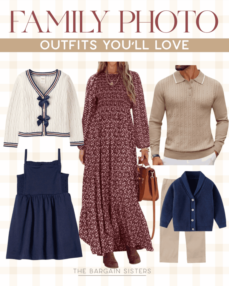 A collage of coordinated family photo outfits: a cream cardigan, floral long-sleeve dress, beige knit sweater, navy dress, navy cardigan, and khaki pants, with the text "Family Photo Outfits You'll Love" at the top.