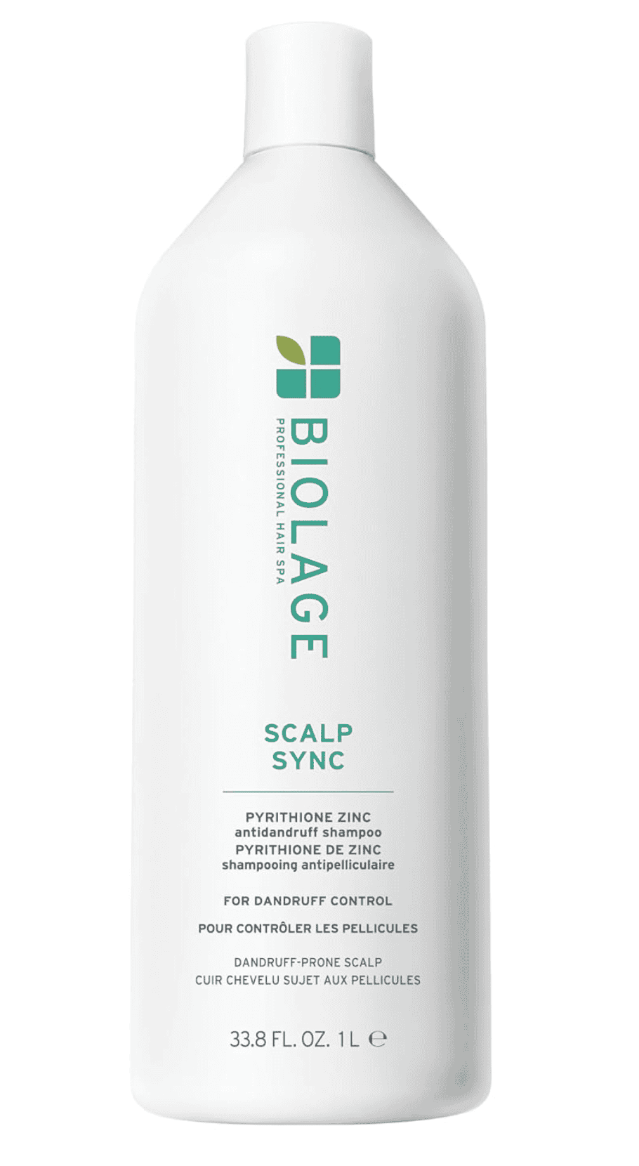 A white 1-liter bottle of Biolage Scalp Sync Anti-Dandruff Shampoo featuring a green and blue logo. The label highlights pyrithione zinc, formulated to control dandruff and promote a healthier scalp.