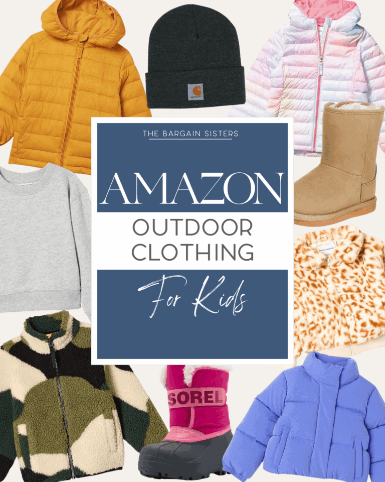 Collage of kids outdoor clothing including jackets, boots, a beanie, sweatshirt, and coat in various colors and patterns. Center text reads: “Amazon Kids Outdoor Clothing. The Bargain Sisters.”.