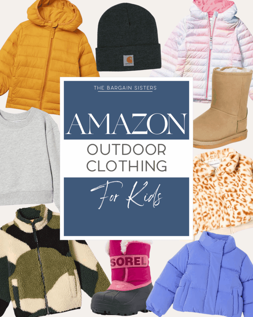 Collage of kids outdoor clothing including jackets, boots, a beanie, sweatshirt, and coat in various colors and patterns. Center text reads: “Amazon Kids Outdoor Clothing. The Bargain Sisters.”.
