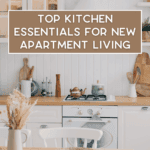A bright, modern kitchen with white cabinets, wooden accents, and various utensils. Text overlay reads, “Top Kitchen Essentials for New Apartment Living.” A dining table is set with placemats in the foreground.