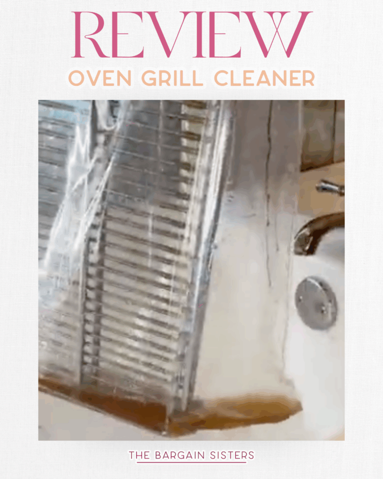 A metal oven grill is being cleaned in a kitchen sink, covered in clear plastic. Text above reads "Grill Cleaner Review," highlighting how it Cuts Scrubbing Time, with "The Bargain Sisters" below.
