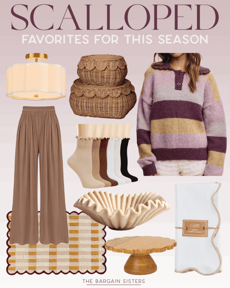 A collage of scalloped-edge items, including a ceiling light, woven baskets, striped sweater, wide-leg pants, socks, placemat, wooden cake stand, and napkin—all showcasing the charm of scalloped home decor in warm, neutral, and mauve tones.