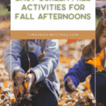 Two children play with autumn leaves outdoors. Overlaid text reads: “Easy Screen-Free Activities for Fall Afternoons” and “thebargainsisters.com.” The scene is bright and playful, evoking a fall afternoon.